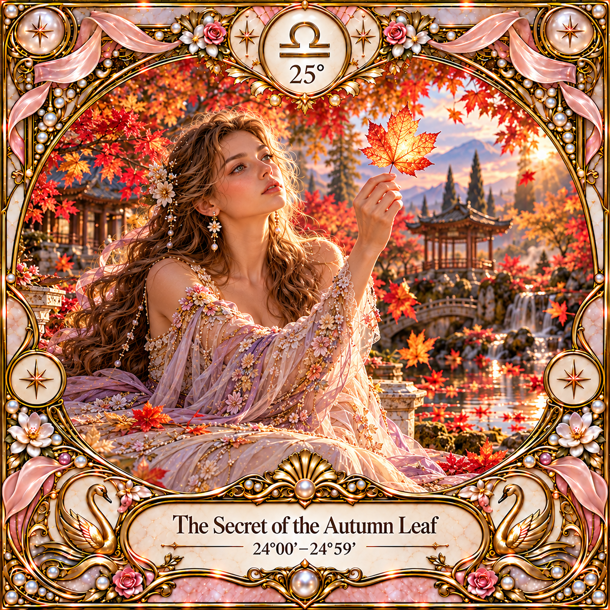 Libra 25, The Secret of the Autumn Leaf: a woman holding a glowing autumn leaf in an ornate gold and pearl frame