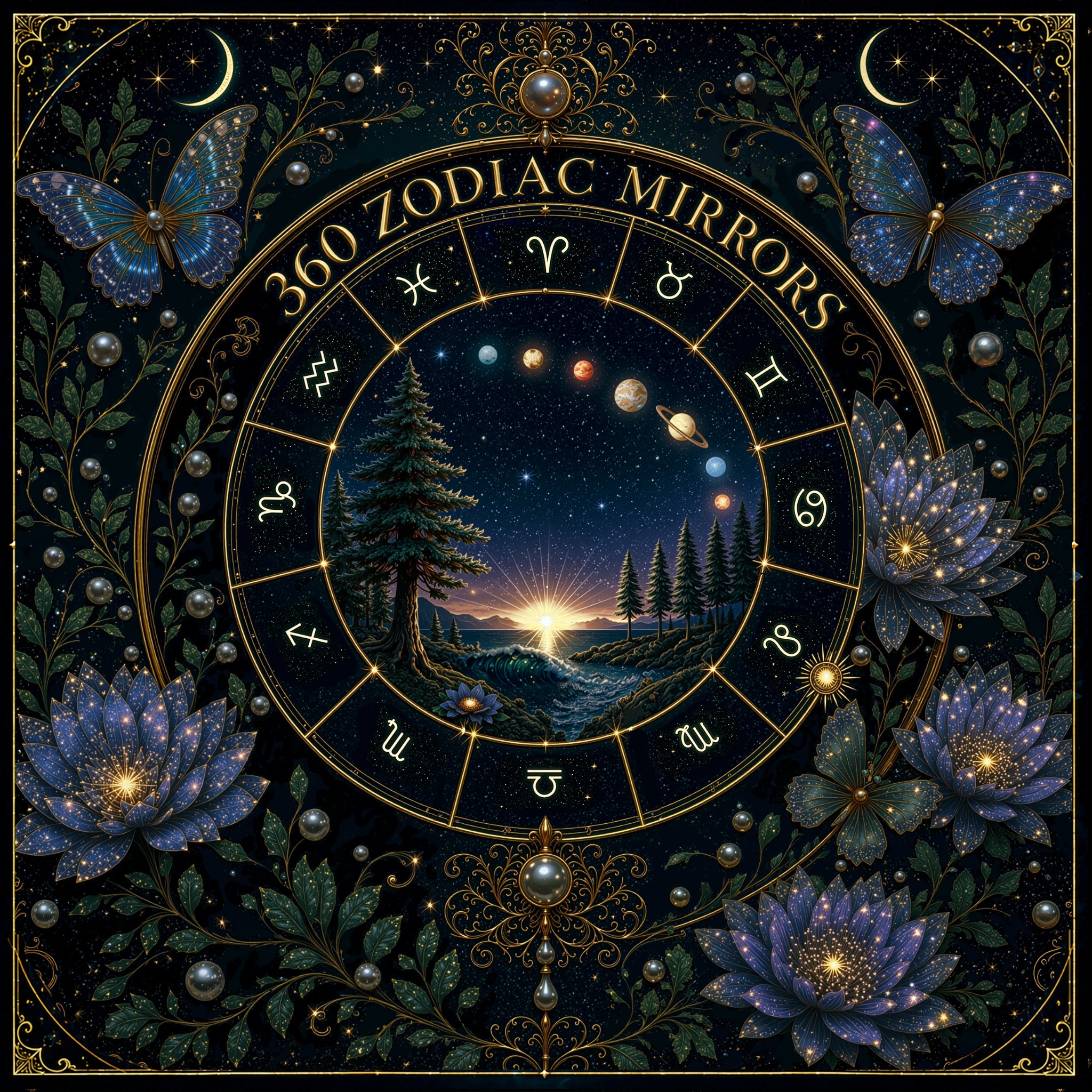 360 Zodiac Mirrors cover: a gold zodiac wheel and planetary parade above a forest and ocean, surrounded by blue butterflies and flowers